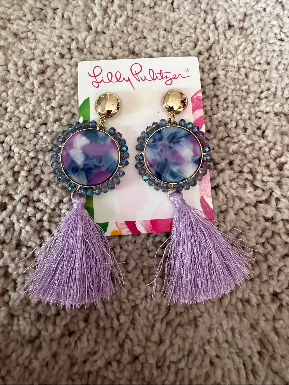 Lilly Pulitzer NWT Lilac Fringe Drop Earrings with Gold Studs